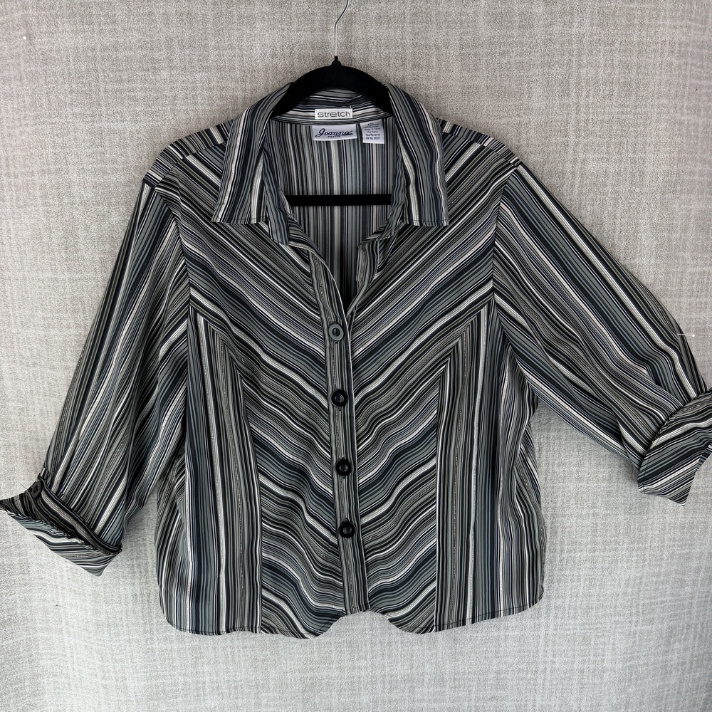 Joanna Blouse Womens XL Petite Black Striped Tunic Collared 3/4 Sleeve Stretch